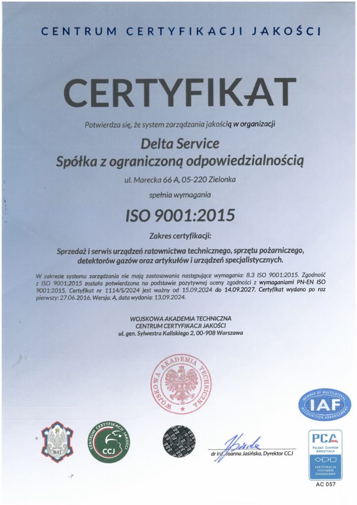 Certyfikat ISO 9001:2015 Delta Service