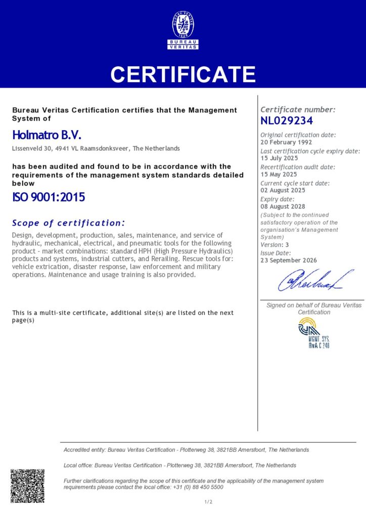 Certyfikat Holmatro ISO 9001:2015