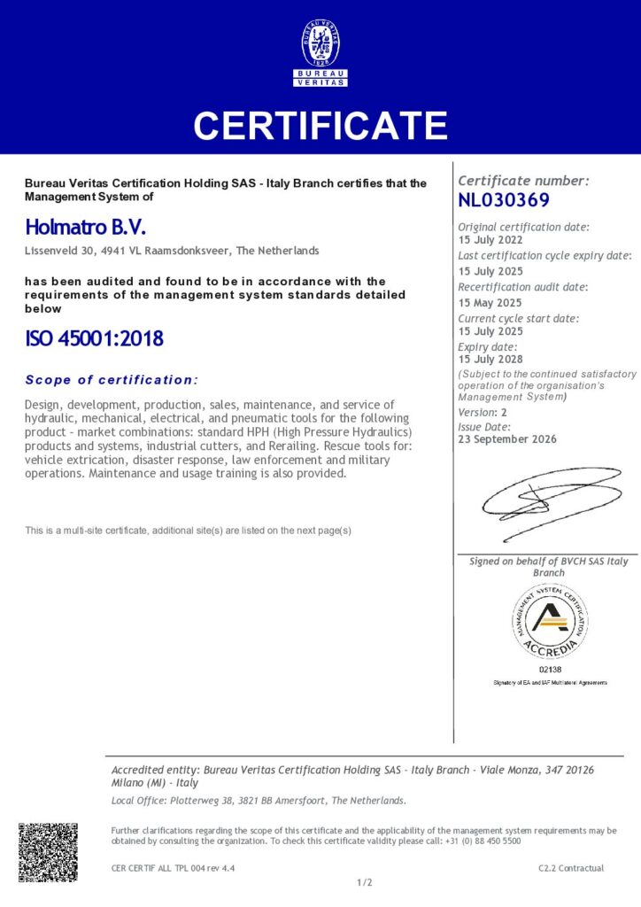 Certyfikat Holmatro ISO 45001:2018